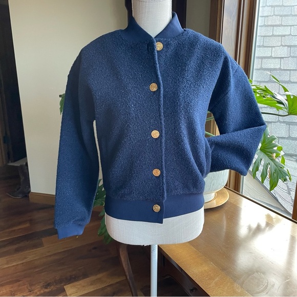 J. Crew Boucle Teddy Fleece Bomber Jacket in Navy Blue Gold Buttons size XS - Picture 4 of 16